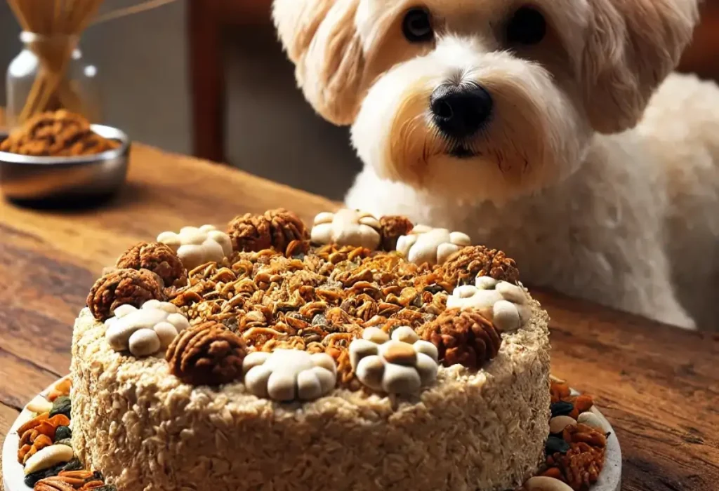 Um Bolo de ração e um cachorro a sua frente pronto para comer.