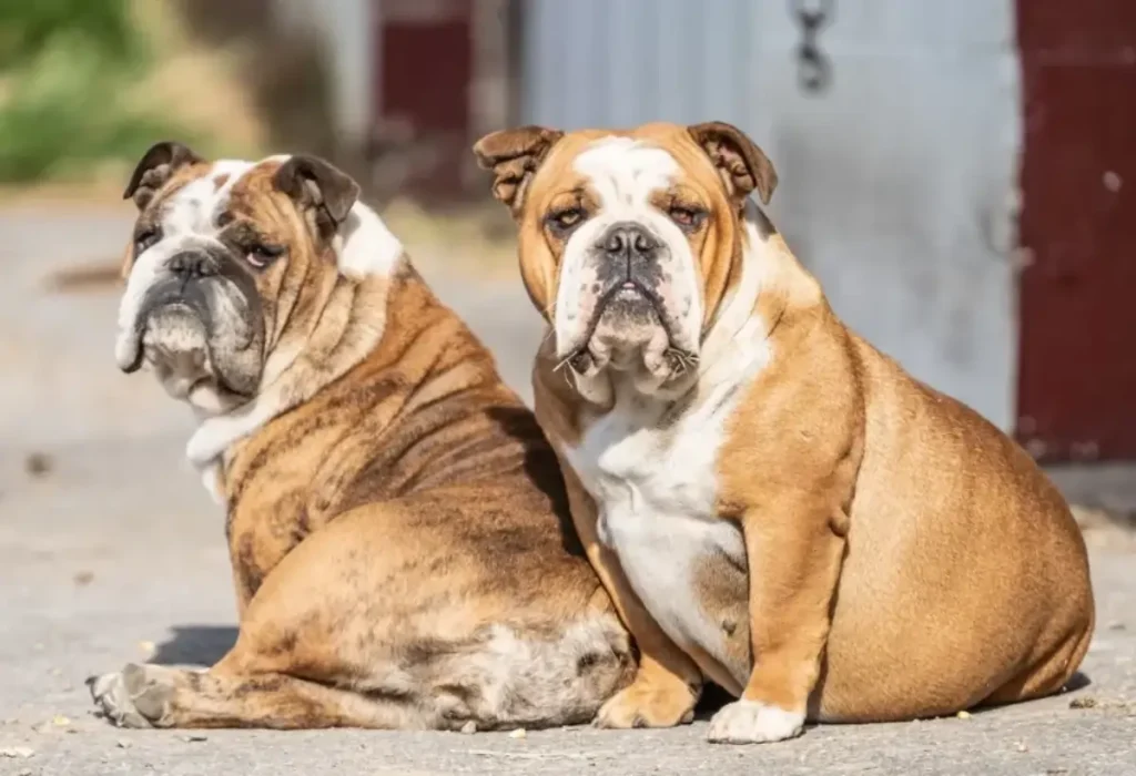 Dois cães com problemas de obesidade sentados em uma calçada.