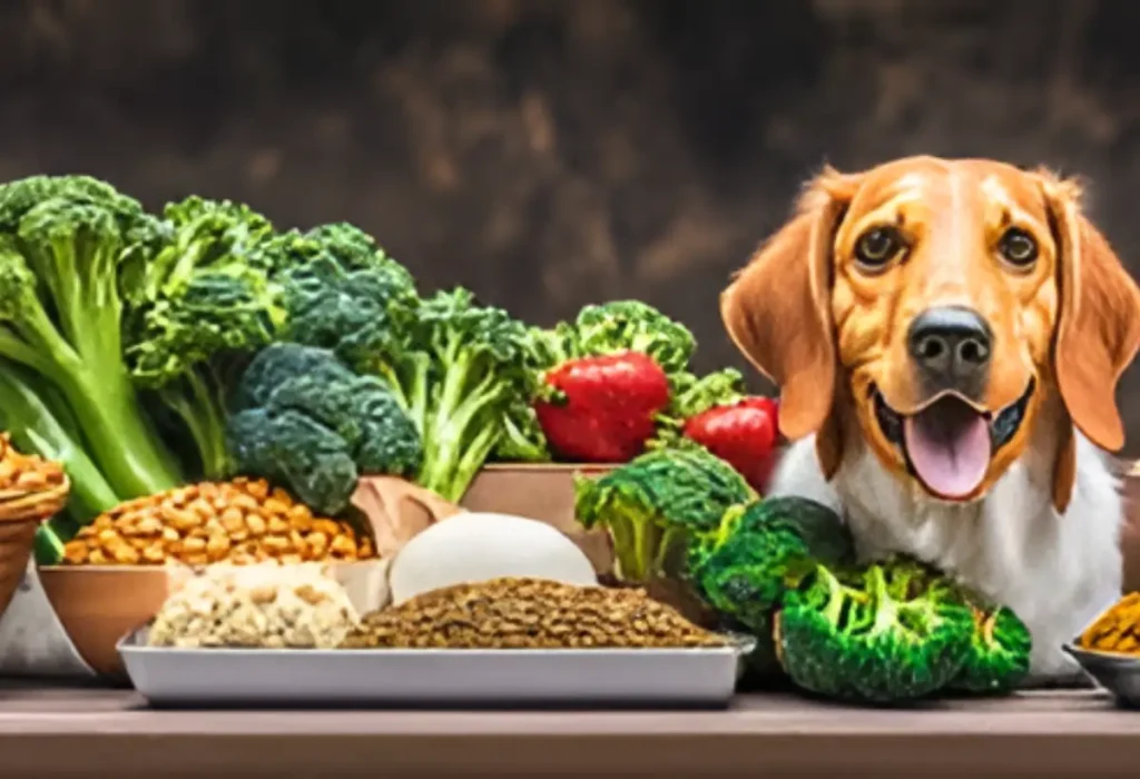Um cachorro ao lado de vários alimentos ricos em fibras.