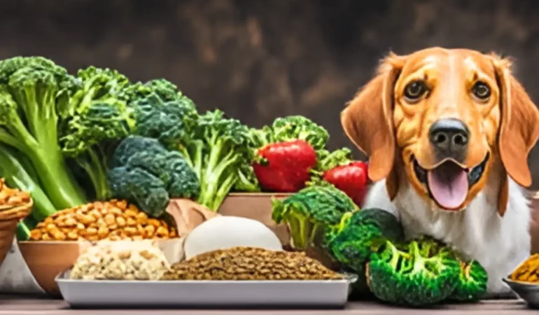 Um cachorro ao lado de vários alimentos ricos em fibras.