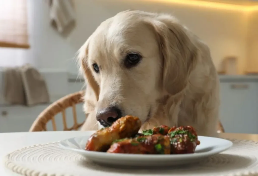 Um cachorro comendo carne rica em proteína que esta em cima de uma mesa. 