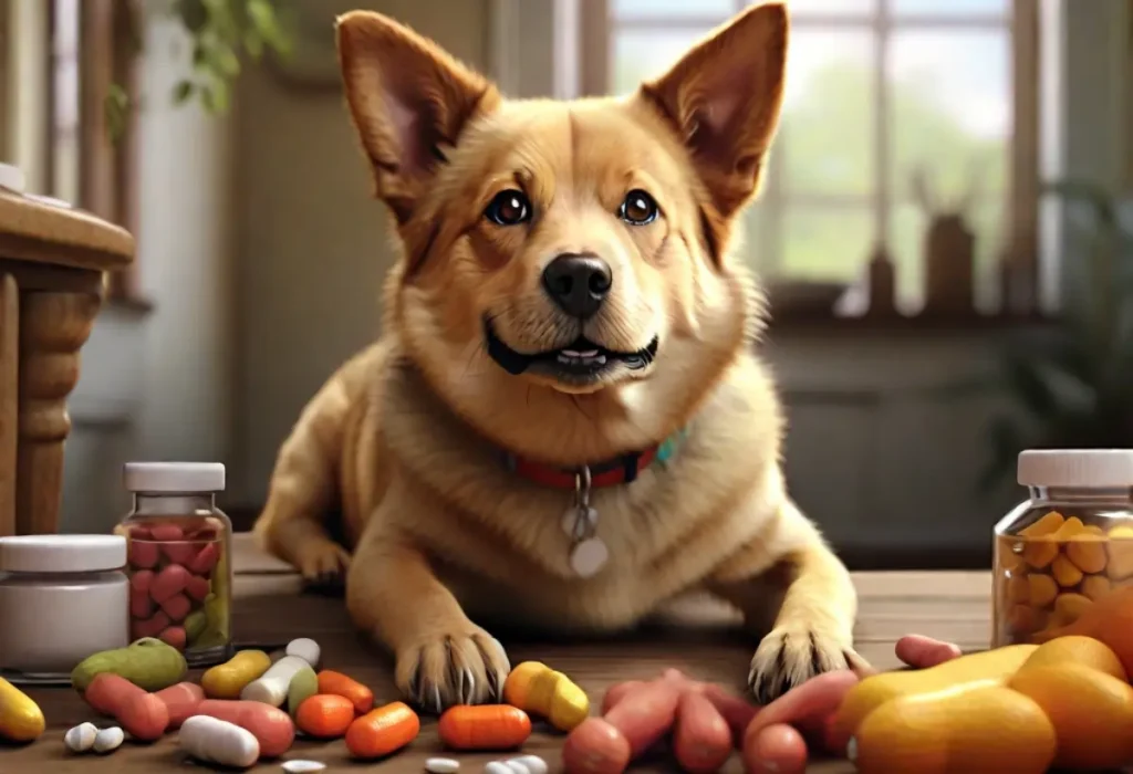 Um cachorro que faz uso de suplementação alimentar.