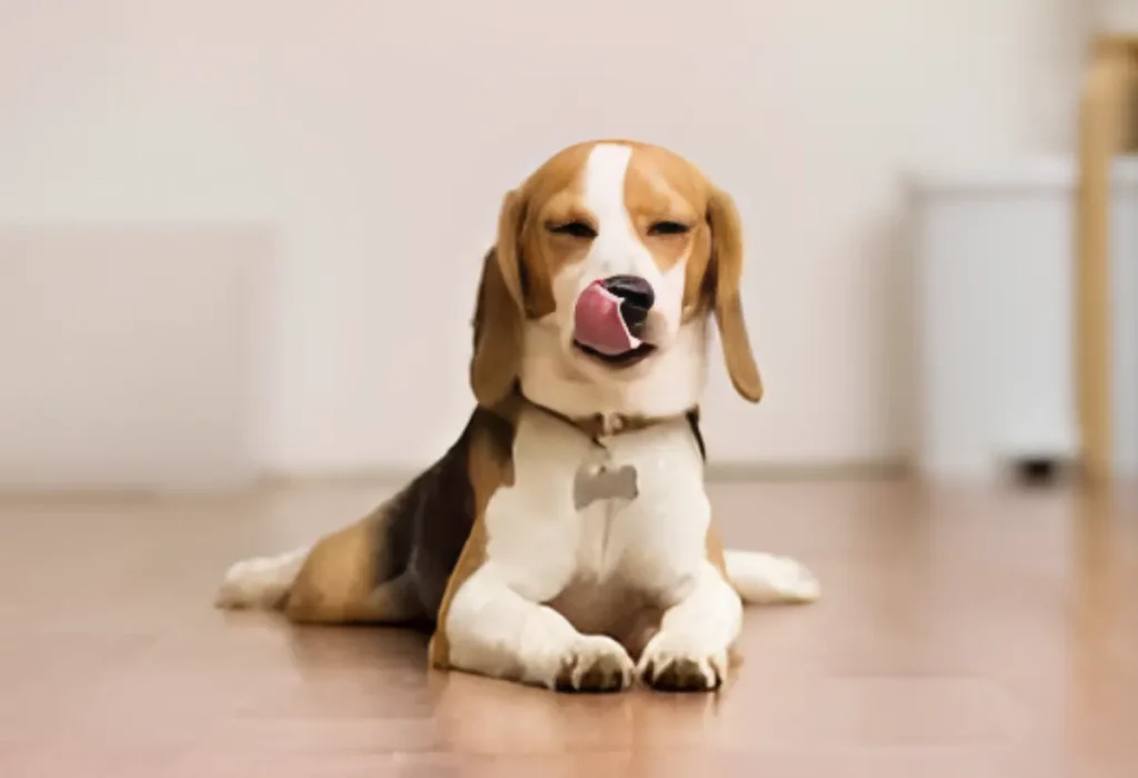 Um cachorro deitado descansando.
