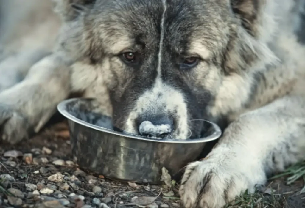 Uma cachorro de porte grande deitado comendo ração.
